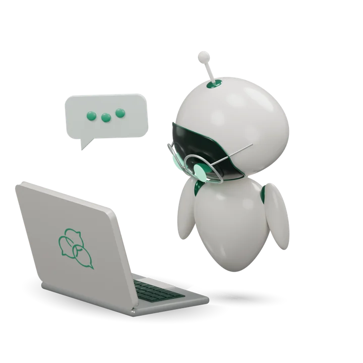 The ChatterLab robot reading on a laptop and looking at you.